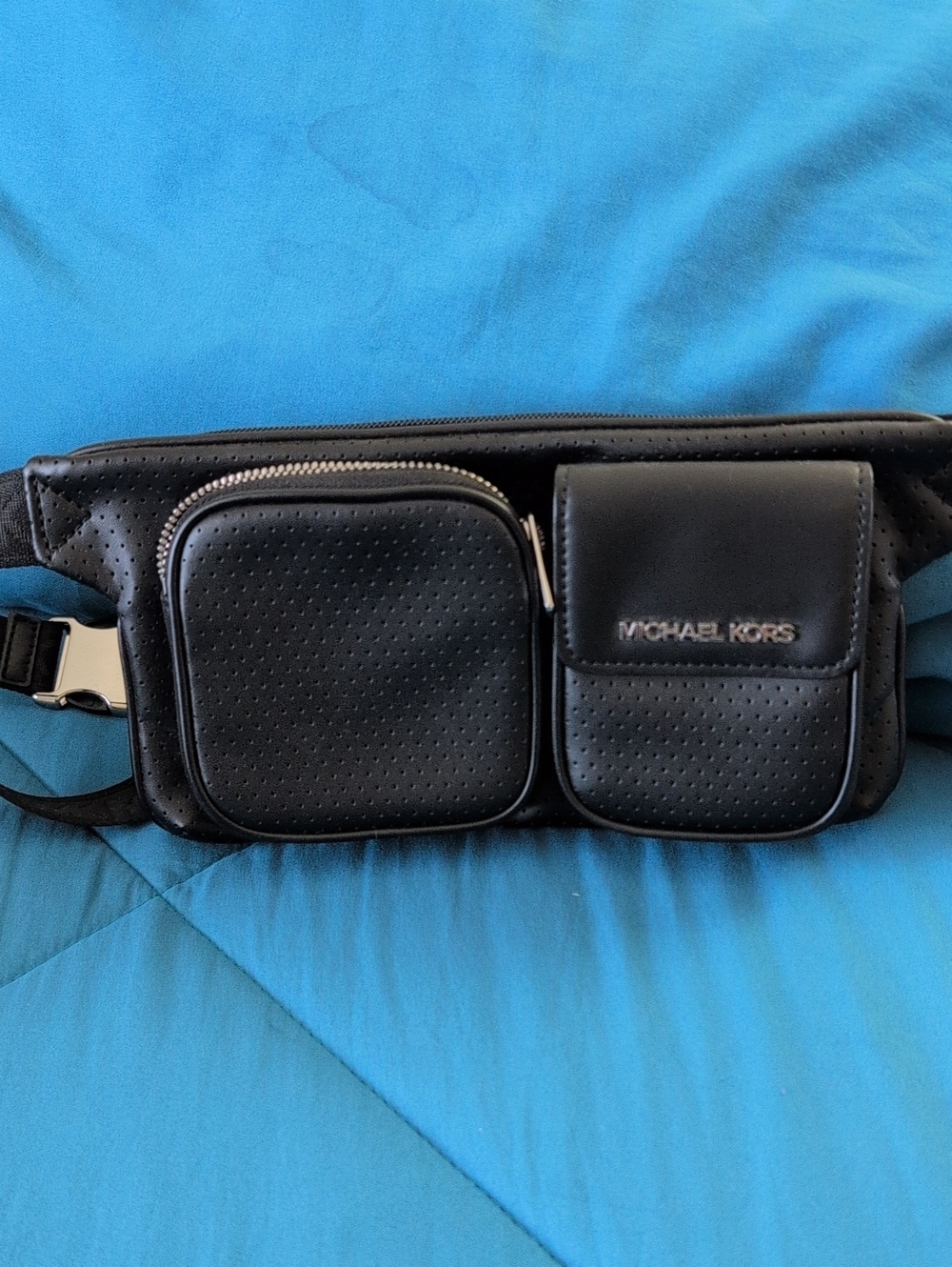 Michael Kors Black Perforated Leather Belt Bag with Dual Pockets